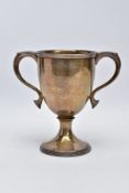 A SILVER TWIN HANDLED TROPHY CUP, scroll handles to the sides, cup of plain design and engraved to