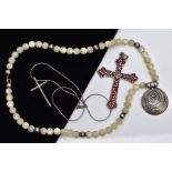 TWO WHITE METAL NECKLACES AND A WHITE METAL CROSS PENDANT, to include a mother of pearl beaded