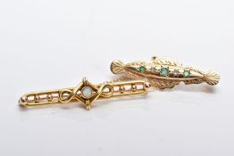 TWO YELLOW METAL BROOCHES, to include a 9ct gold emerald and diamond brooch set with three graduated