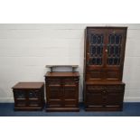 FOUR VARIOUS PIECES OF OLD CHARM FURNITURE, to include a lead glazed two door tv stand, width 68cm x