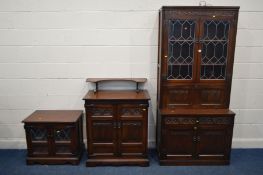 FOUR VARIOUS PIECES OF OLD CHARM FURNITURE, to include a lead glazed two door tv stand, width 68cm x