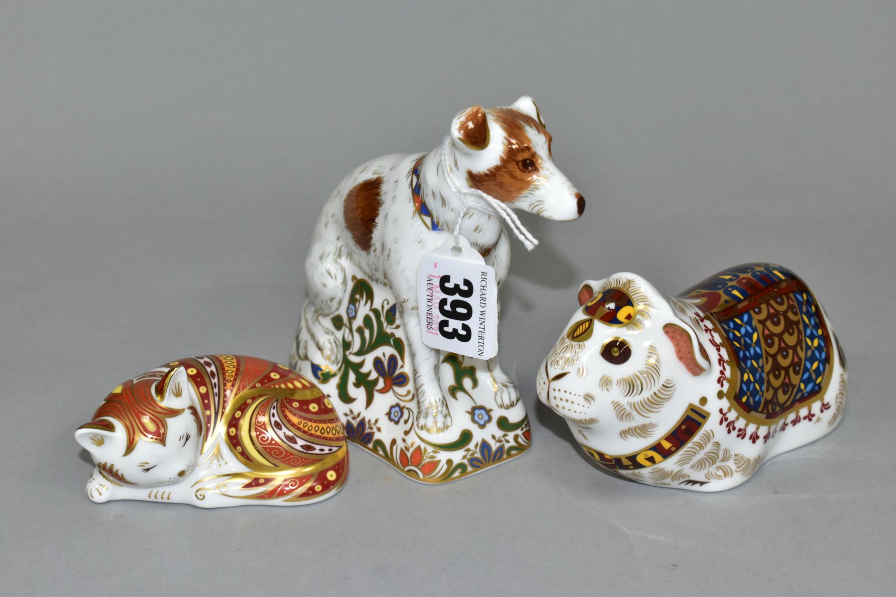 THREE ROYAL CROWN DERBY PAPERWEIGHTS, 'Parson Jack Russell Terrier' no stopper and scratched to side