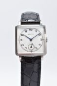 A HAND WOUND SQUARE STAINLESS STEEL ZENITH WRISTWATCH, a square white dial with Arabic numerals,