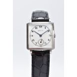 A HAND WOUND SQUARE STAINLESS STEEL ZENITH WRISTWATCH, a square white dial with Arabic numerals,