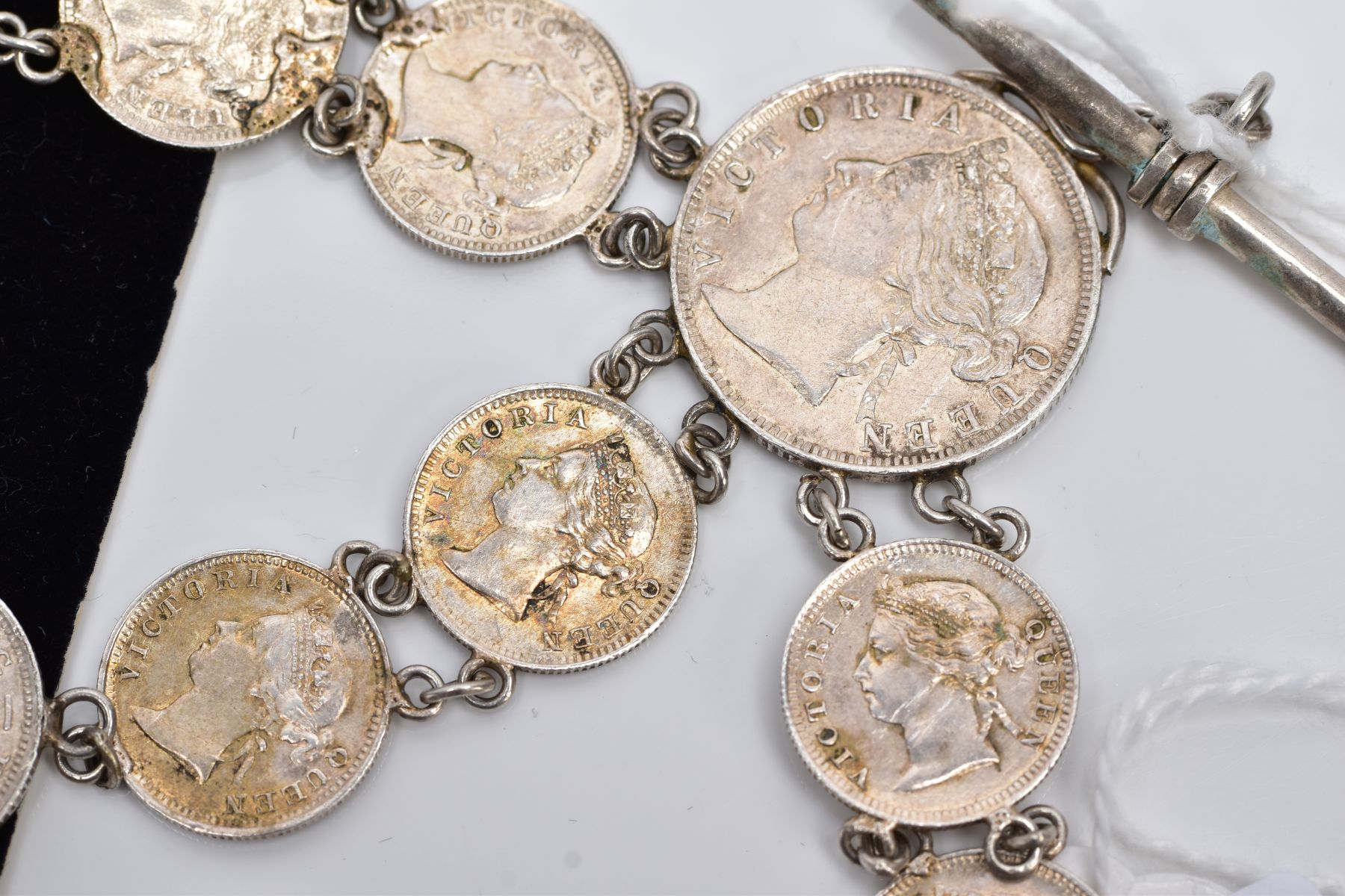 A WHITE METAL COIN NECKLET, made from Queen Victoria Hong Kong five cent coins dating between 1888 - - Image 6 of 8