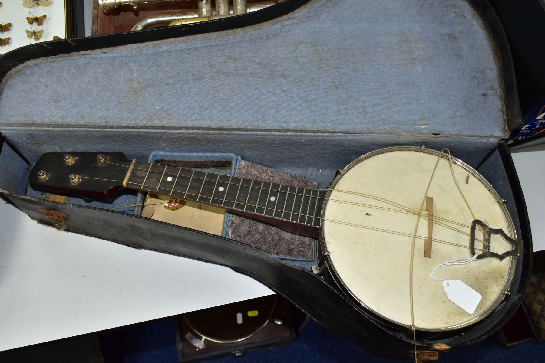 A HAWKES AND SONS EXCELSIOR SONOROUS CORNET in case, a vintage and unbranded ukele banjo and a The - Image 2 of 12