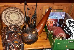 A COLLECTION OF AFRICAN RELATED ITEMS, to include a Djembe drum, height approximately 63cm, diameter