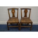 A MATCHED PAIR OF GEORGIAN OAK AND ELM SPLAT BACK HALL CHAIRS,