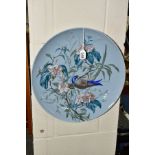 A CHARLES PILLIVUYT & CO (FOECY) PORCELAIN CHARGER, pale blue ground decorated with a parakeet