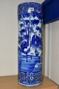 A LATE 19TH CENTURY JAPANESE BLUE AND WHITE PORCELAIN STICK STAND OF CYLINDRICAL FORM, deep floral