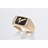 A GENTS 9CT GOLD SIGNET RING, designed with a rectangular black enamel panel depicting a greyhound