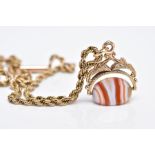 A 9CT GOLD SWIVEL AGATE FOB PENDANT NECKLACE, the fob designed with a polished white and orange