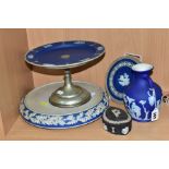 A GROUP OF WEDGWOOD AND OTHER JASPERWARE, comprising 'The Portland Vase' in dark blue, dated 1929,
