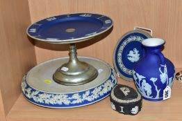 A GROUP OF WEDGWOOD AND OTHER JASPERWARE, comprising 'The Portland Vase' in dark blue, dated 1929,