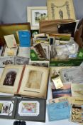 PAPER EPHEMERA, one box of assorted ephemera including cigarette cards, postcards (some 'saucy