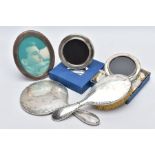 A SELECTION OF ITEMS, to include a silver engine turn designed hairbrush and matching handheld