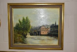 MARET (20TH CENTURY), AN ANGLER FISHING IN A MILL STREAM, signed bottom right, oil on board, framed,