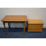 A MODERN PINE BLANKET CHEST, and a pine kitchen table (2)