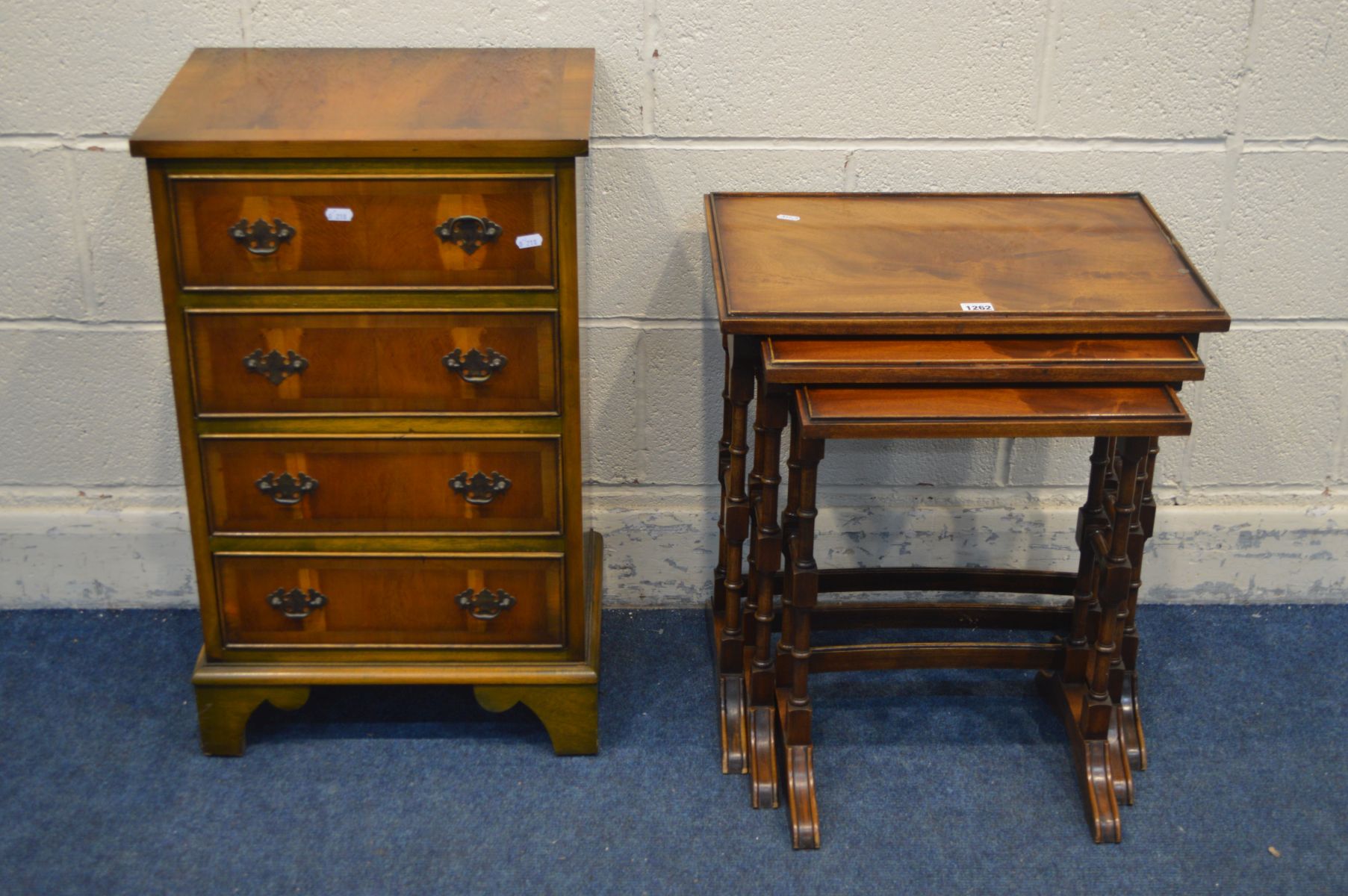 A SMALL YEWWOOD CHEST OF FOUR DRAWERS, on bracket feet, width 45cm 33cm x height 732cm (missing