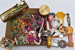 A BOX OF MAINLY COSTUME JEWELLERY, to include a white metal marcasite pendant necklace, fitted on