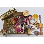 A BOX OF MAINLY COSTUME JEWELLERY, to include a white metal marcasite pendant necklace, fitted on