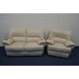 A JSR CREAM LEATHER ELECTRIC RECLINING TWO PIECE SUITE, comprising a two seater and an armchair (