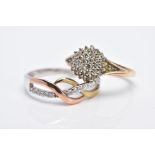 TWO 9CT GOLD DIAMOND RINGS, the first designed as a raised cluster set with round brilliant cut