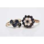A 9CT GOLD SAPPHIRE AND OPAL CLUSTER RING AND A 9CT GOLD SAPPHIRE AND DIAMOND RING, the raised