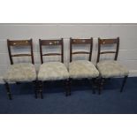 A SET OF FOUR REGENCY MAHOGANY ROPE BACK CHAIRS with upholstered seat pads