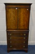 A MAHOGANY TWO DOOR CABINET, with a brushing slide, width 74cm x depth 45cm x height 154cm (