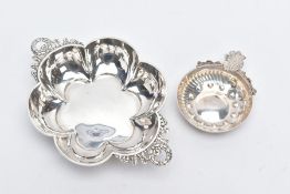 A SILVER BON BON DISH AND A WHITE METAL ASHTRAY, the bonbon dish of a flower shape, with two