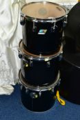 THREE LUDWIG CONCERT TOMS IN BLACK, comprising of a 12 inch x 10 inch, a 13 inch x 11 inch and a