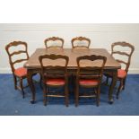 A FRENCH OAK AND MARQUETRY TOPPED DRAW LEAF TABLE, on scrolled cabriole legs, extended length