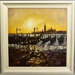 STEPHEN COLLETT (BRITISH CONTEMPORARY) 'VENICE XXII' a Venetian sunrise featuring gondolas, signed