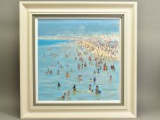 HILARY BURNETT COOPER (BRITISH CONTEMPORARY) 'ENJOYING THE WARM WATERS' figures on a beach and