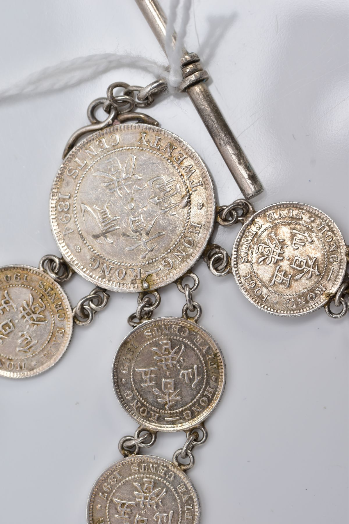 A WHITE METAL COIN NECKLET, made from Queen Victoria Hong Kong five cent coins dating between 1888 - - Image 2 of 8