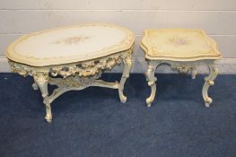 A SILIK BAROQUE STYLE ITALIAN COFFEE TABLE, rounded end, crackle finish, gold trim and painted