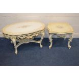 A SILIK BAROQUE STYLE ITALIAN COFFEE TABLE, rounded end, crackle finish, gold trim and painted