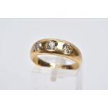 A LATE VICTORIAN 18CT GOLD THREE STONE DIAMOND RING, set with three graduated old cut diamonds,