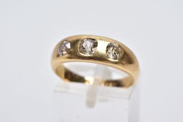 A LATE VICTORIAN 18CT GOLD THREE STONE DIAMOND RING, set with three graduated old cut diamonds,