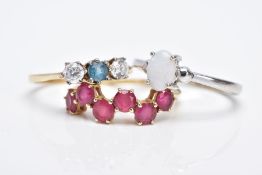 THREE GEM SET DRESS RINGS, the first a 9ct gold six stone ring, designed with a row of claw set,