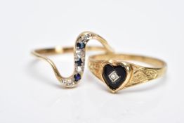 TWO 9CT GOLD GEMSET RINGS, the first of a wave design set with a row of circular cut blue