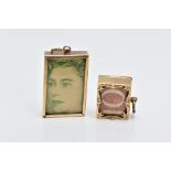 TWO 9CT GOLD MONEY CHARMS, the first of a rectangular form, holding a one pound note, engraved to