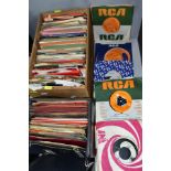 A WOODEN TRAY AND A CASE CONTAINING OVER ONE HUNDRED AND SEVENTY 7 inch singles, including Tamla