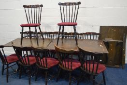 A SET OF TWELVE OAK PUB CHAIRS, along with two oak tables (tables distressed) (14)
