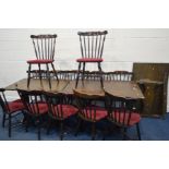 A SET OF TWELVE OAK PUB CHAIRS, along with two oak tables (tables distressed) (14)