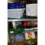 FOUR BOXES AND LOOSE HOUSEHOLD ITEMS, including a white painted wicker basket, a small blue bean
