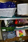 FOUR BOXES AND LOOSE HOUSEHOLD ITEMS, including a white painted wicker basket, a small blue bean