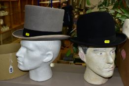 A DUNN & CO BOWLER HAT, approximately size 55cm x length 20cm x width 16.5cm, together with a grey