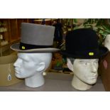 A DUNN & CO BOWLER HAT, approximately size 55cm x length 20cm x width 16.5cm, together with a grey